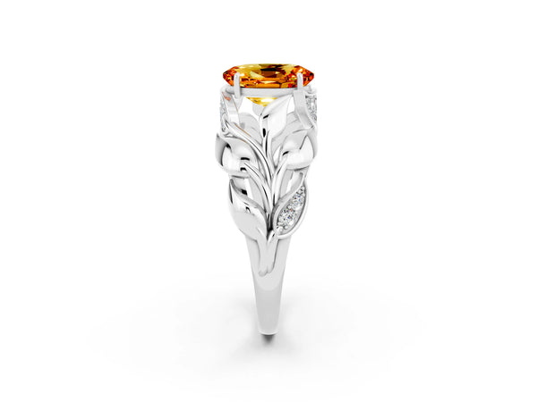 Silver Oval Cut Citrine Leaf-Inspired Engagement Ring with Round Accents and Prong Setting