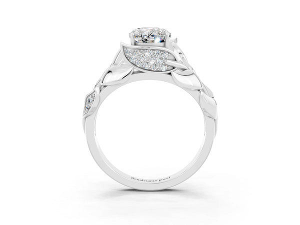 Platinum Oval Cut Moissanite Leaf-Inspired Engagement Ring with Round Accents and Prong Setting