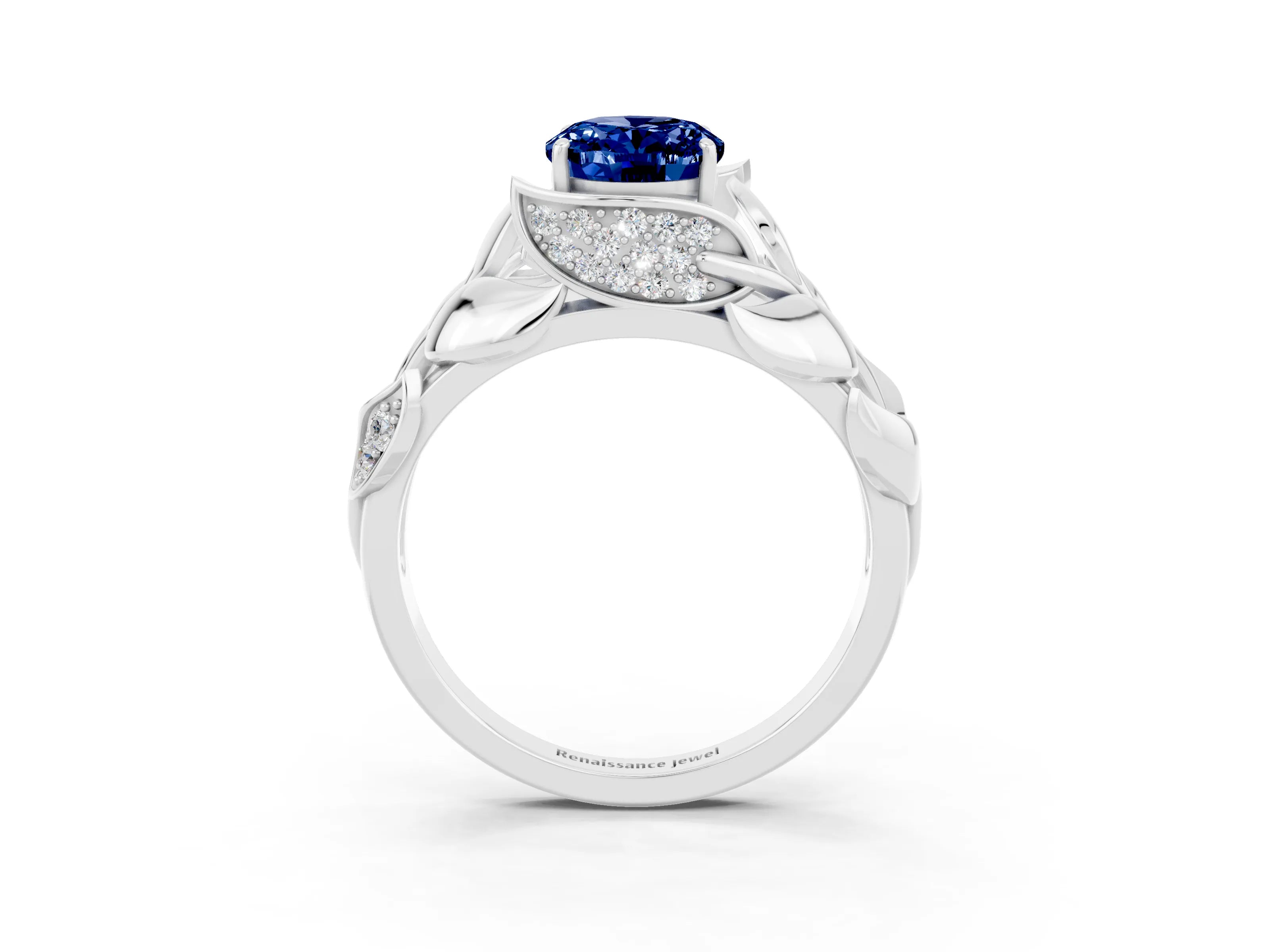 White gold Oval Cut Solitaire Leaf-Inspired Engagement Ring with Prong Setting_3