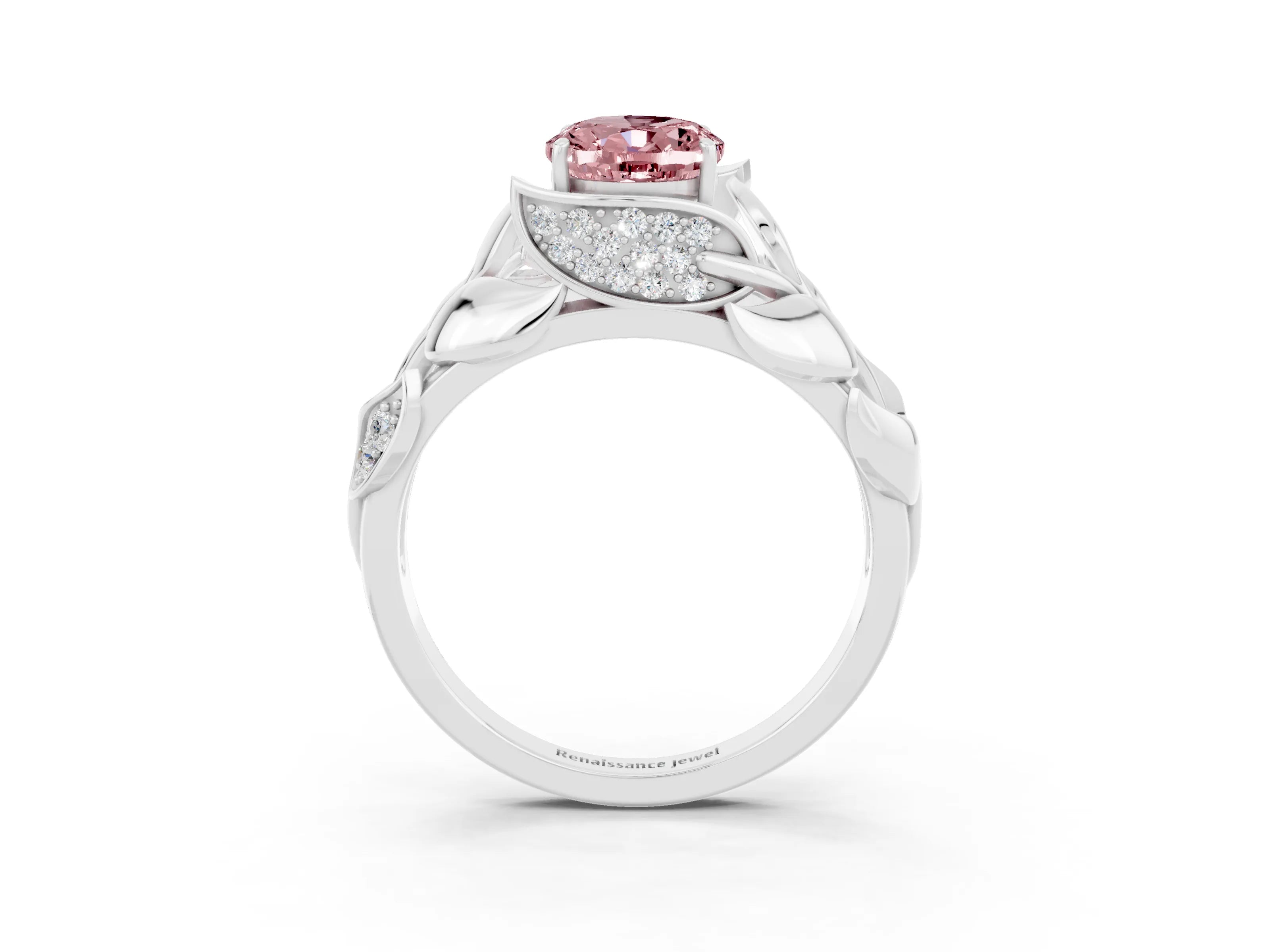 White gold Oval Cut Solitaire Leaf-Inspired Engagement Ring with Prong Setting_3