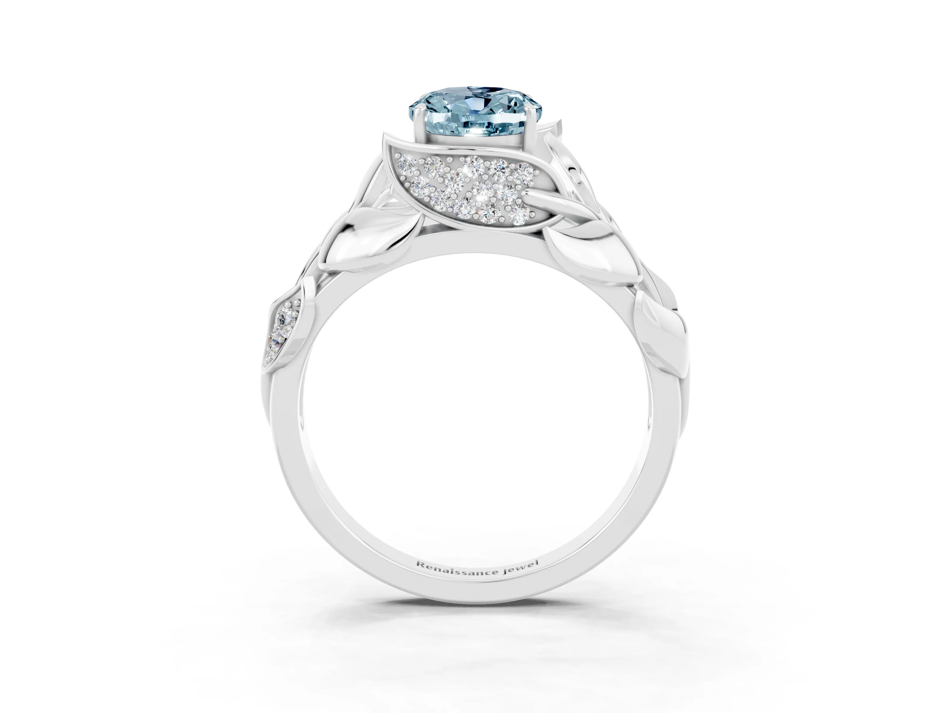 White gold Oval Cut Solitaire Leaf-Inspired Engagement Ring with Prong Setting_3