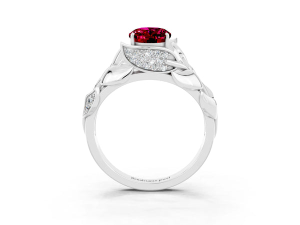 Platinum Oval Cut Garnet Leaf-Inspired Engagement Ring with Round Accents and Prong Setting