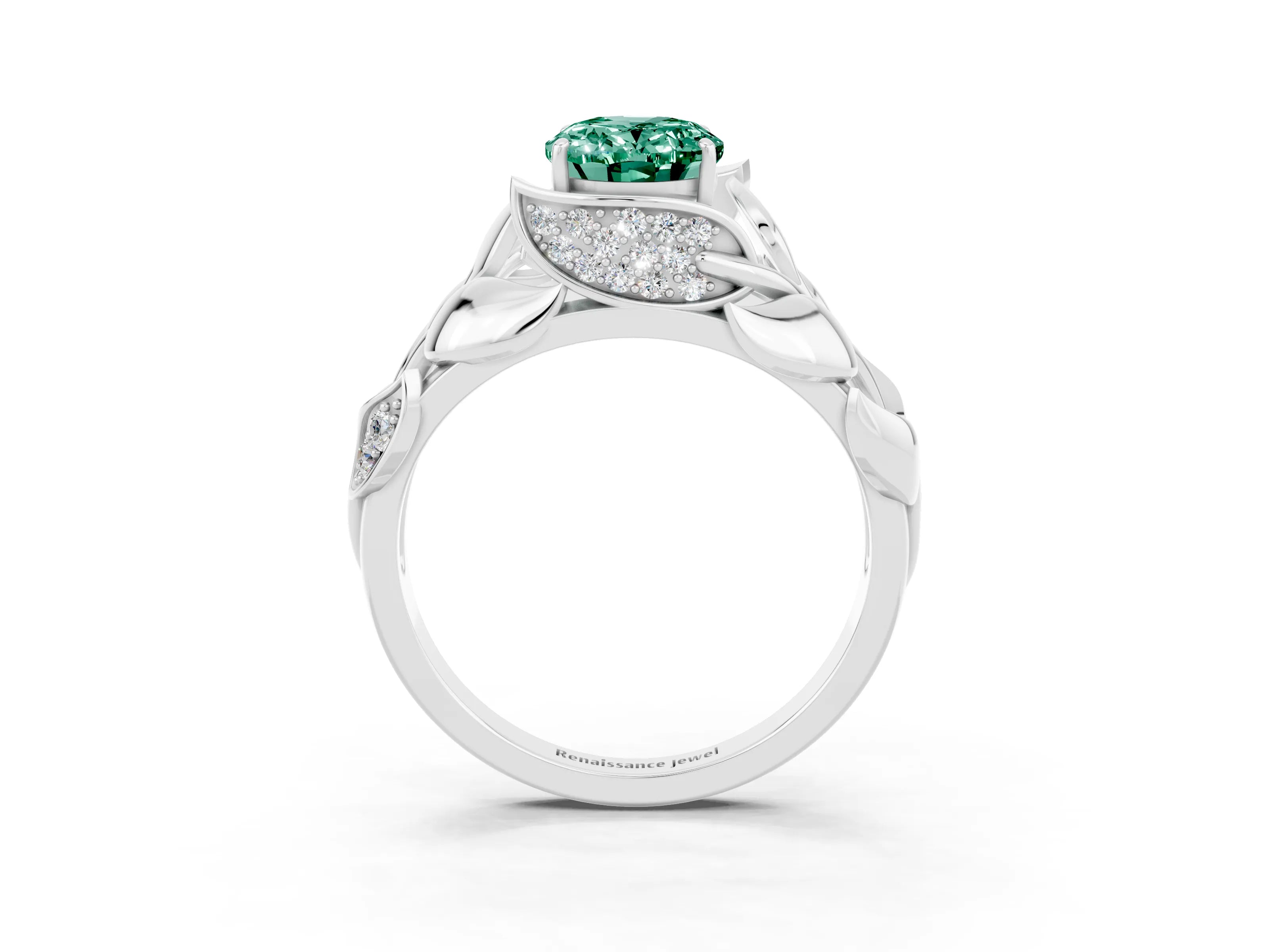 White gold Oval Cut Solitaire Leaf-Inspired Engagement Ring with Prong Setting_3