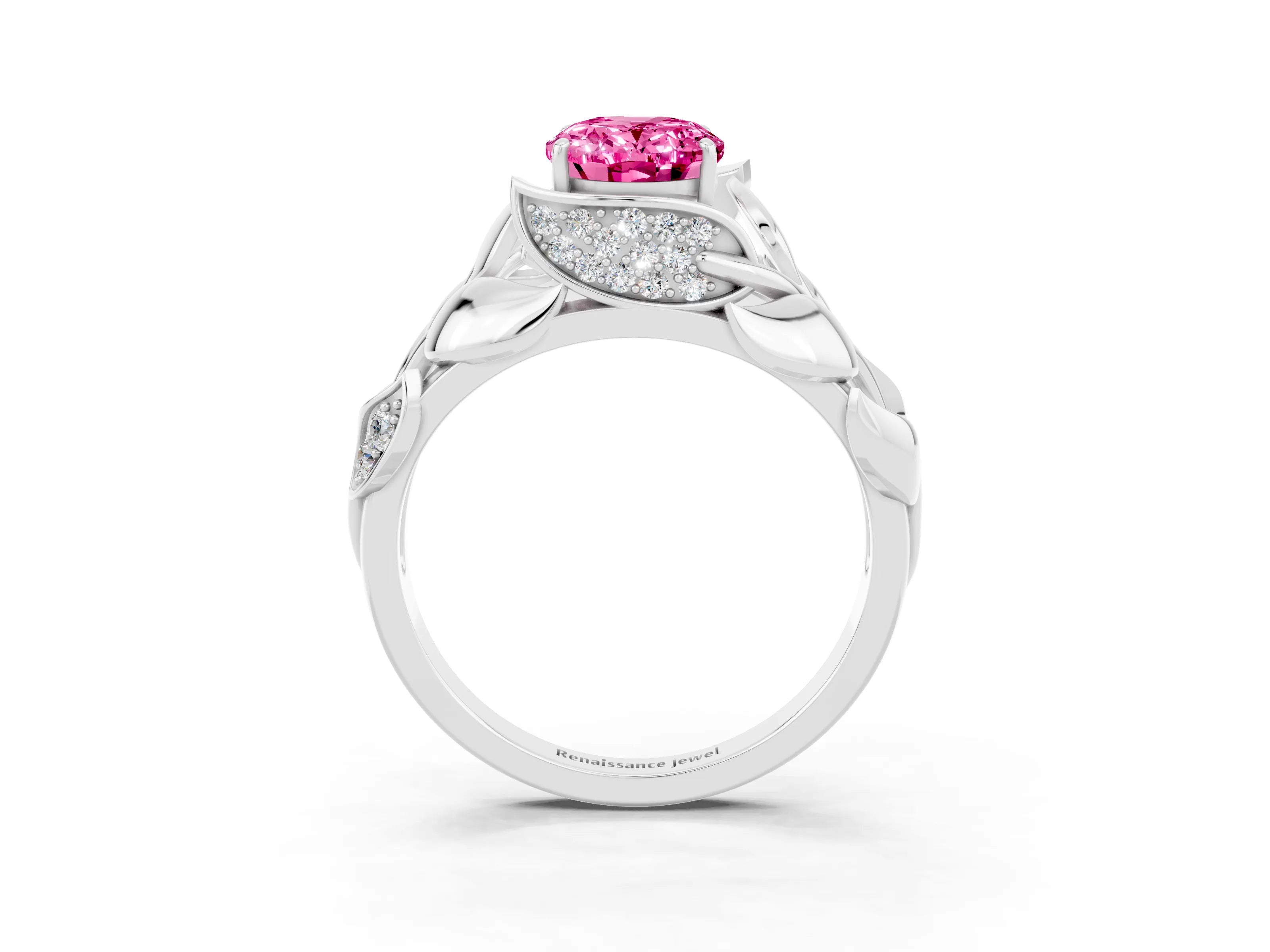 White gold Oval Cut Solitaire Leaf-Inspired Engagement Ring with Prong Setting_3