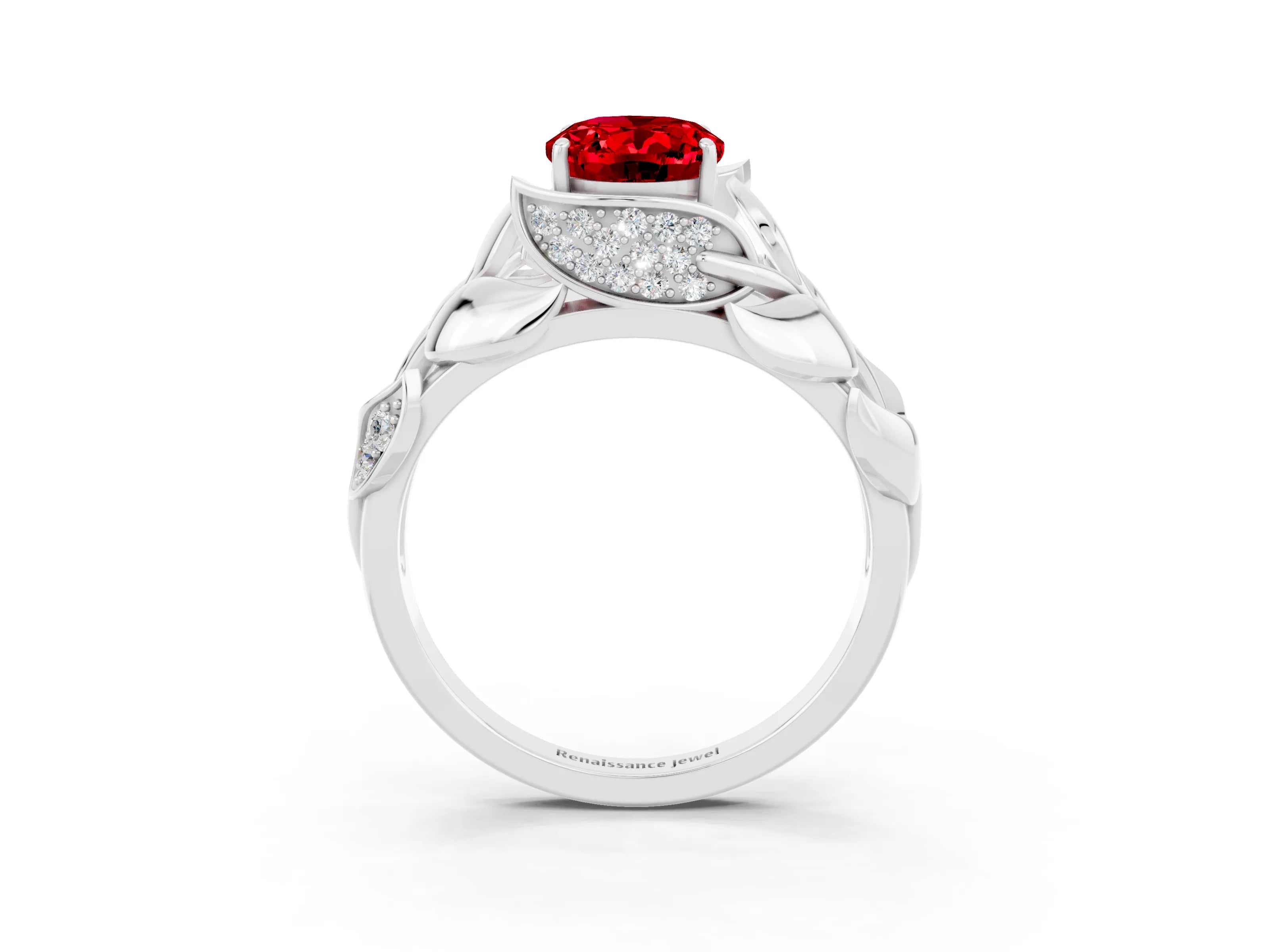 White gold Oval Cut Solitaire Leaf-Inspired Engagement Ring with Prong Setting_3
