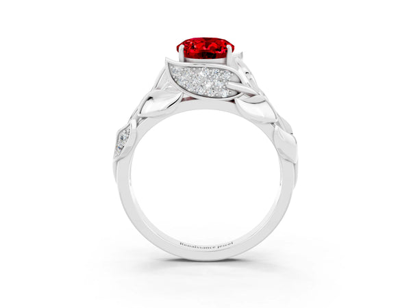 Silver Oval Cut Ruby Leaf-Inspired Engagement Ring with Round Accents and Prong Setting