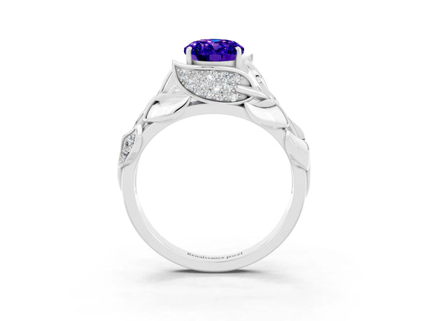 Platinum Oval Cut Tanzanite Leaf-Inspired Engagement Ring with Round Accents and Prong Setting