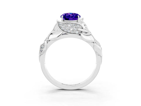 White gold Oval Cut Solitaire Leaf-Inspired Engagement Ring with Prong Setting_3