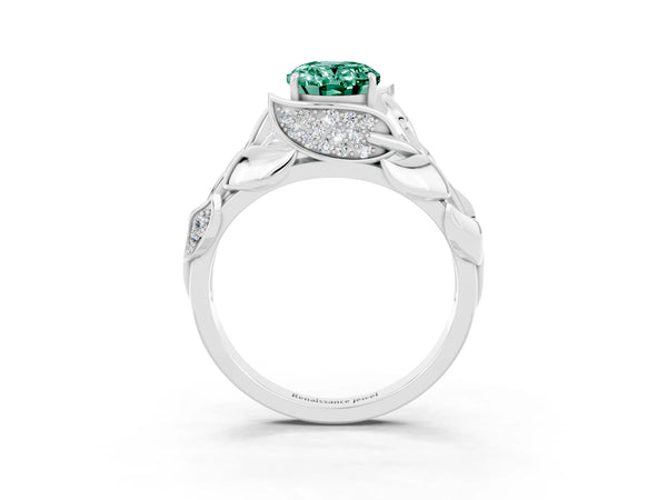 White gold Oval Cut Green Sapphire Leaf-Inspired Engagement Ring with Round Accents and Prong Setting