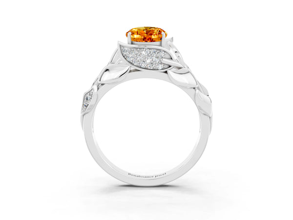 Platinum Oval Cut Citrine Leaf-Inspired Engagement Ring with Round Accents and Prong Setting
