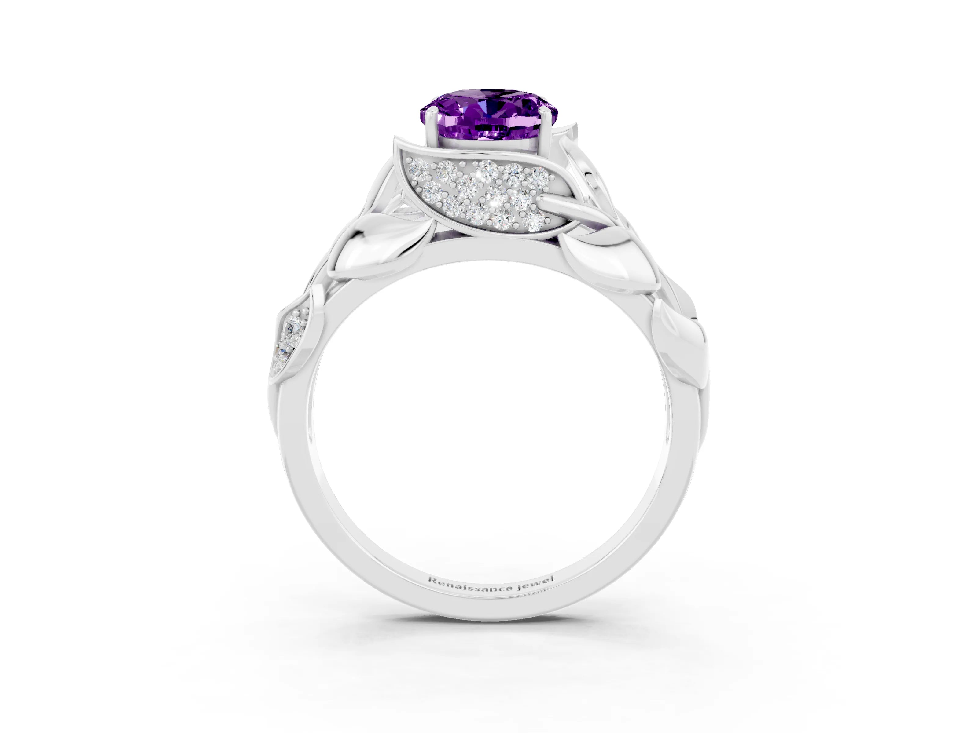 White gold Oval Cut Solitaire Leaf-Inspired Engagement Ring with Prong Setting_3