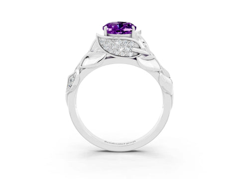 White gold Oval Cut Solitaire Leaf-Inspired Engagement Ring with Prong Setting_3