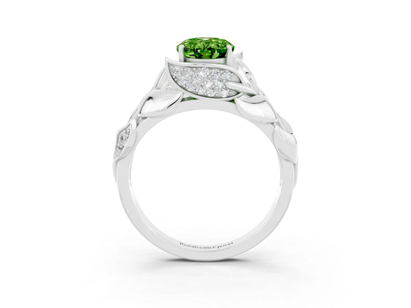 Platinum Oval Cut Solitaire Leaf-Inspired Engagement Ring with Prong Setting