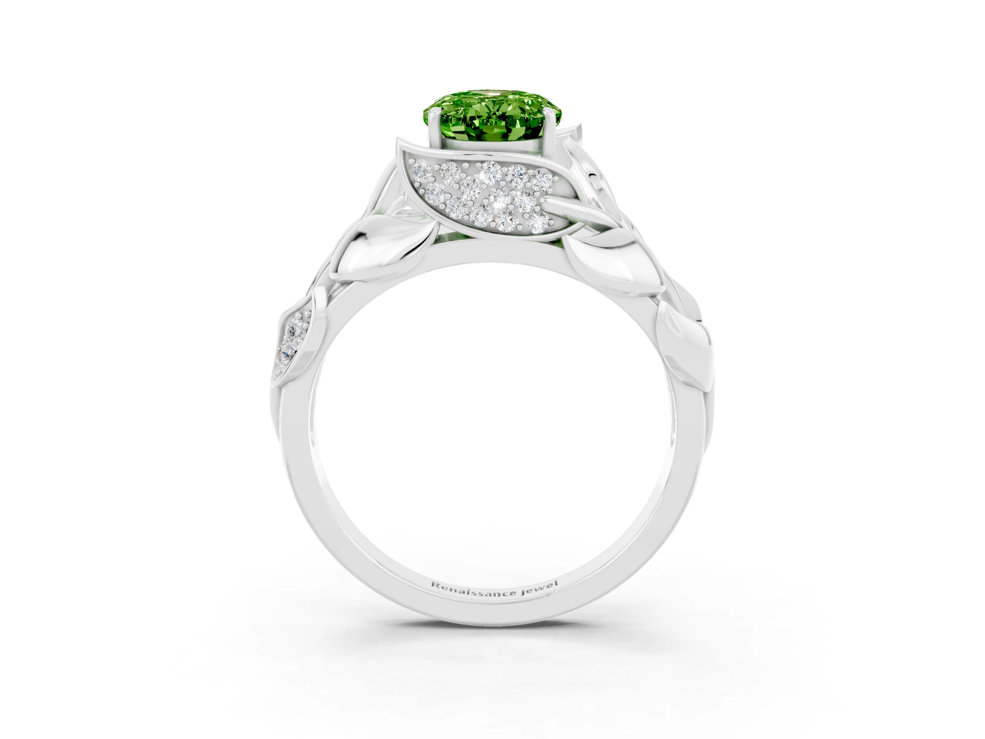 White gold Oval Cut Solitaire Leaf-Inspired Engagement Ring with Prong Setting_3
