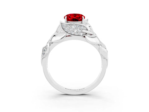 White gold Oval Cut Solitaire Leaf-Inspired Engagement Ring with Prong Setting_3