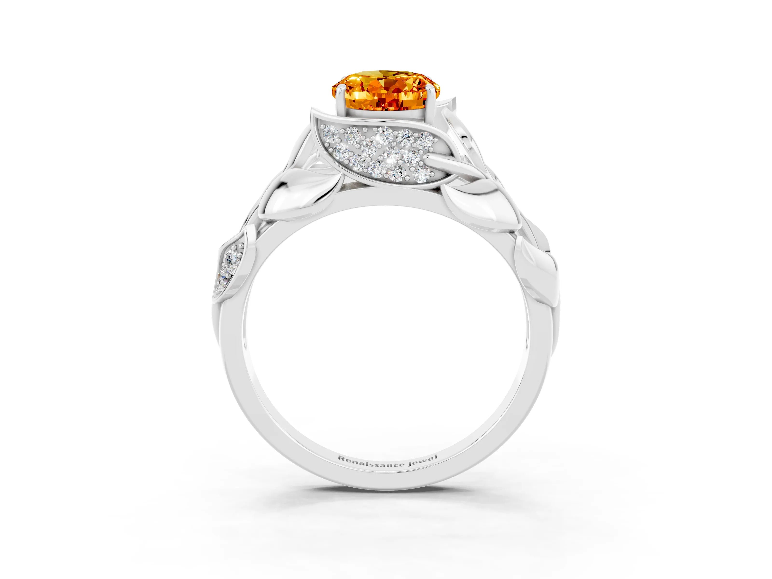White gold Oval Cut Solitaire Leaf-Inspired Engagement Ring with Prong Setting_3