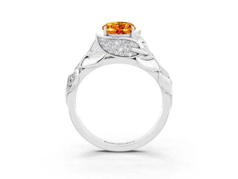 White gold Oval Cut Solitaire Leaf-Inspired Engagement Ring with Prong Setting_3