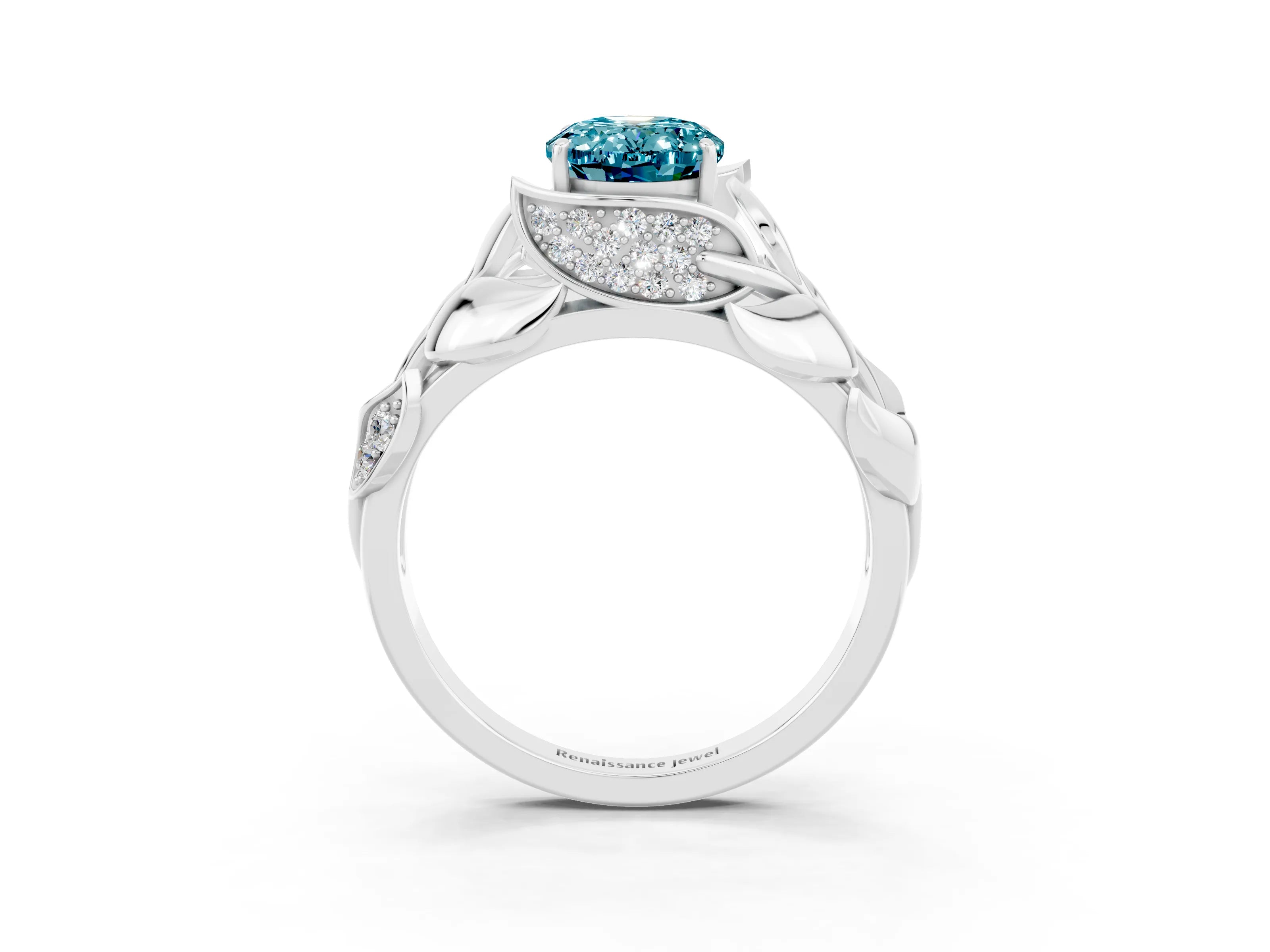 White gold Oval Cut Solitaire Leaf-Inspired Engagement Ring with Prong Setting_3