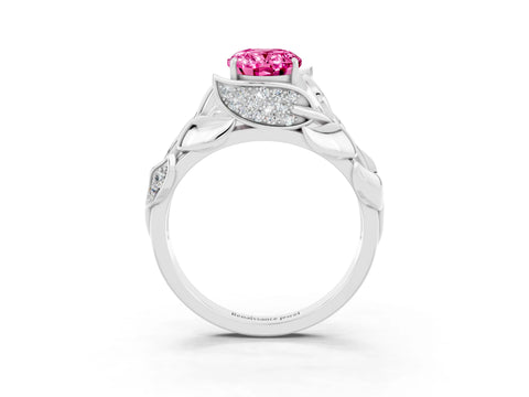 White gold Oval Cut Solitaire Leaf-Inspired Engagement Ring with Prong Setting_3