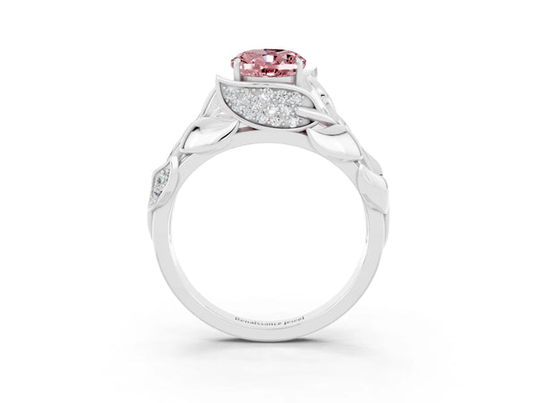 Platinum Oval Cut Solitaire Leaf-Inspired Engagement Ring with Prong Setting