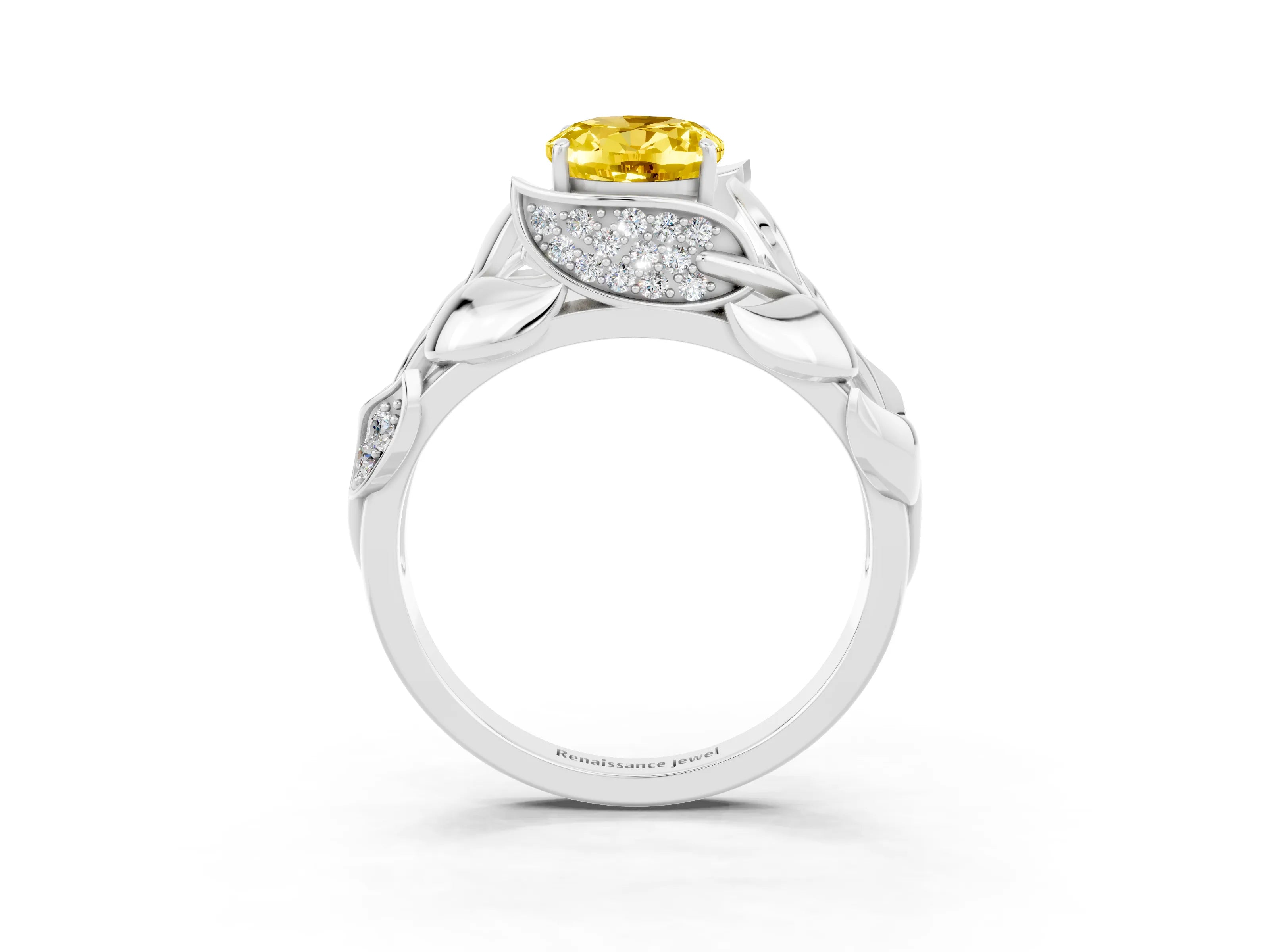 White gold Oval Cut Solitaire Leaf-Inspired Engagement Ring with Prong Setting_3