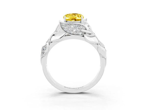 White gold Oval Cut Yellow Sapphire Leaf-Inspired Engagement Ring with Round Accents and Prong Setting