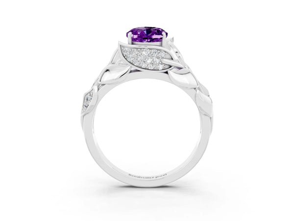 Platinum Oval Cut Amethyst Leaf-Inspired Engagement Ring with Round Accents and Prong Setting