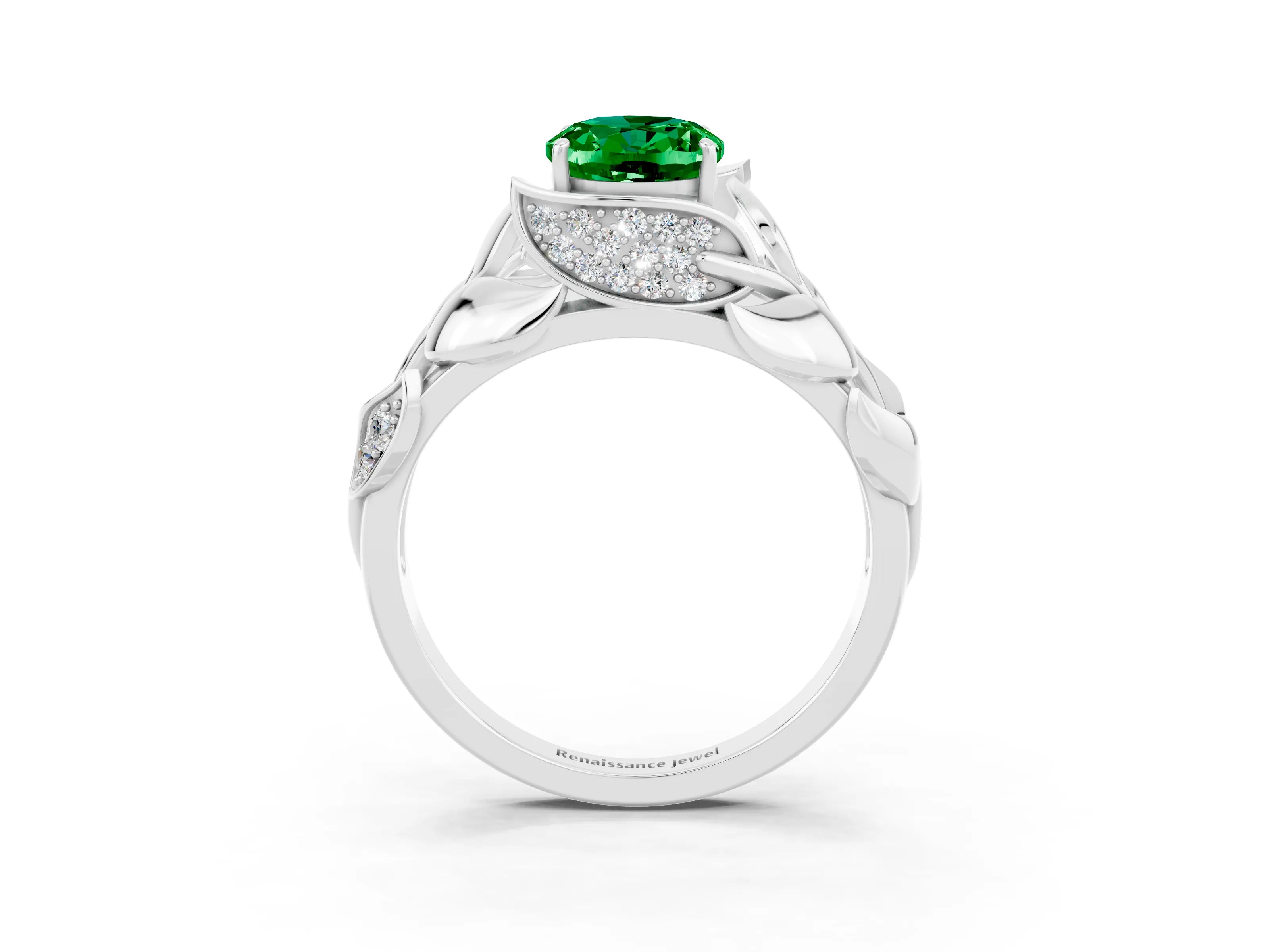 White gold Oval Cut Solitaire Leaf-Inspired Engagement Ring with Prong Setting_3