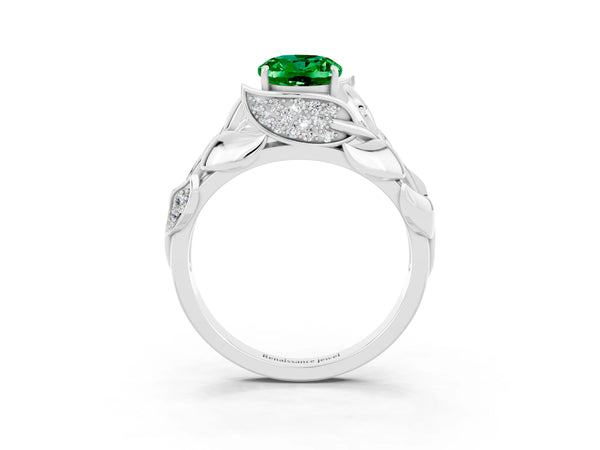 Silver Oval Cut Emerald Leaf-Inspired Engagement Ring with Round Accents and Prong Setting