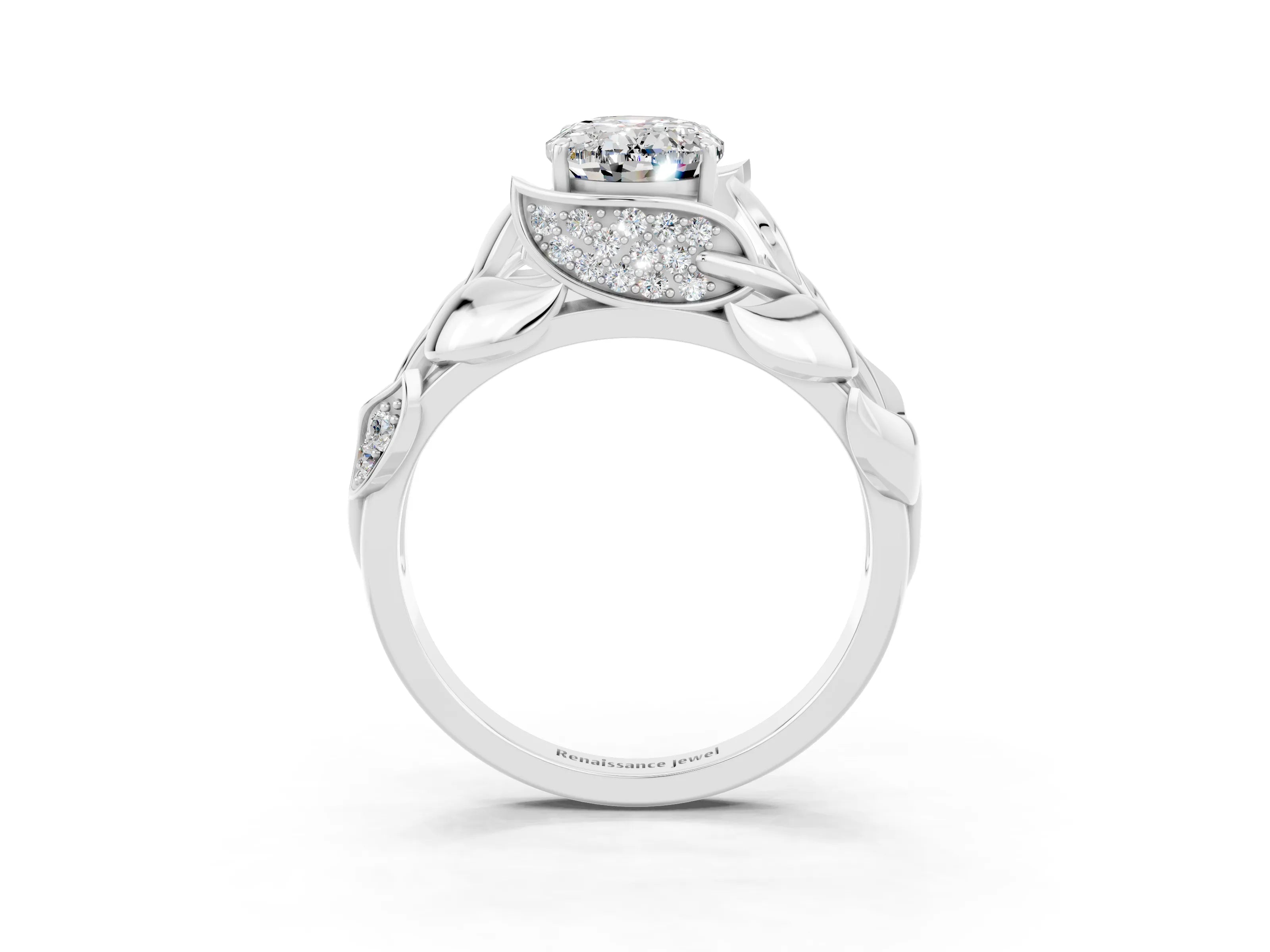 White gold Oval Cut Solitaire Leaf-Inspired Engagement Ring with Prong Setting_3