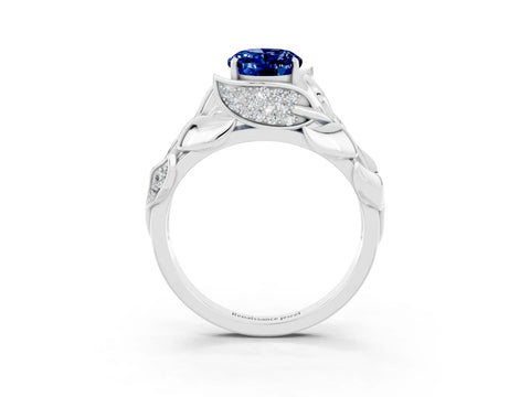 White gold Oval Cut Solitaire Leaf-Inspired Engagement Ring with Prong Setting_3