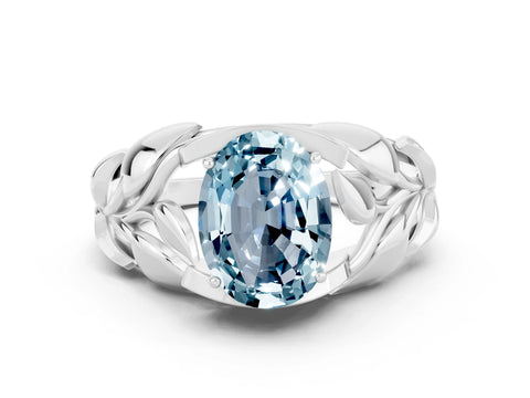 White gold Oval Cut Solitaire Leaf-Inspired Engagement Ring with Prong Setting
