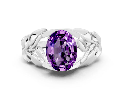 White gold Oval Cut Solitaire Leaf-Inspired Engagement Ring with Prong Setting