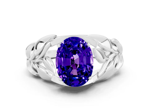 White gold Oval Cut Solitaire Leaf-Inspired Engagement Ring with Prong Setting