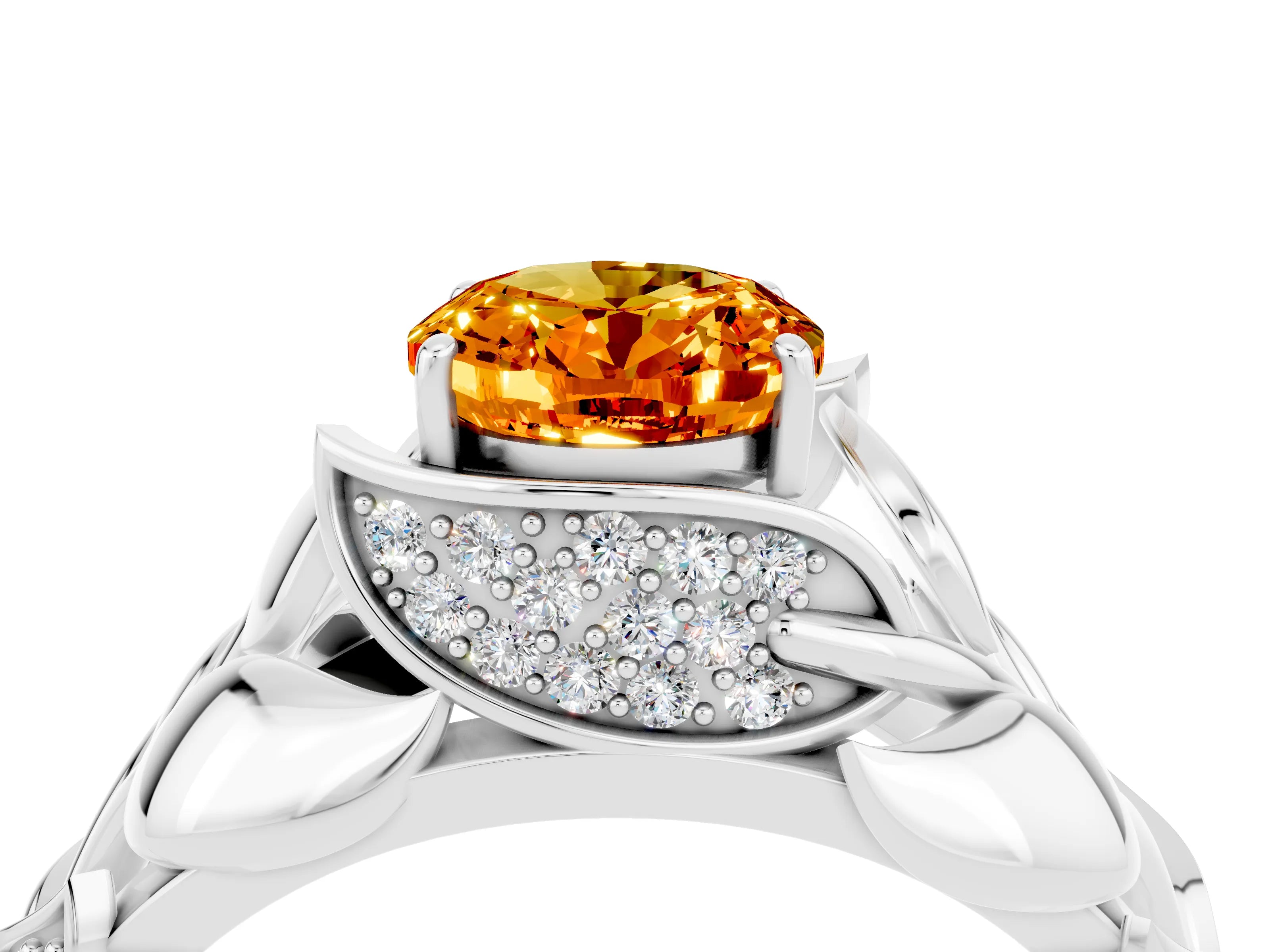 White gold Oval Cut Solitaire Leaf-Inspired Engagement Ring with Prong Setting_4