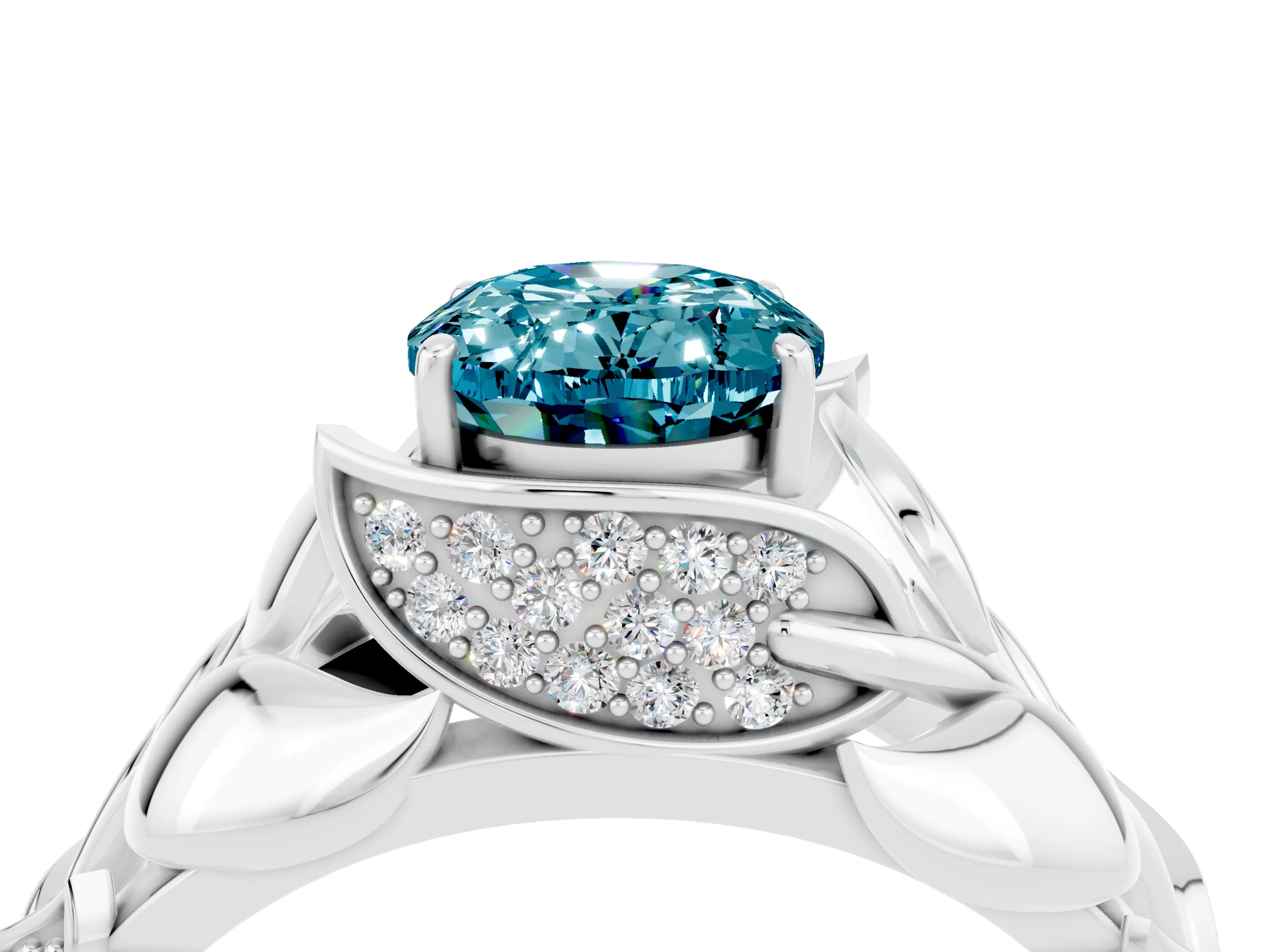 White gold Oval Cut Solitaire Leaf-Inspired Engagement Ring with Prong Setting_4