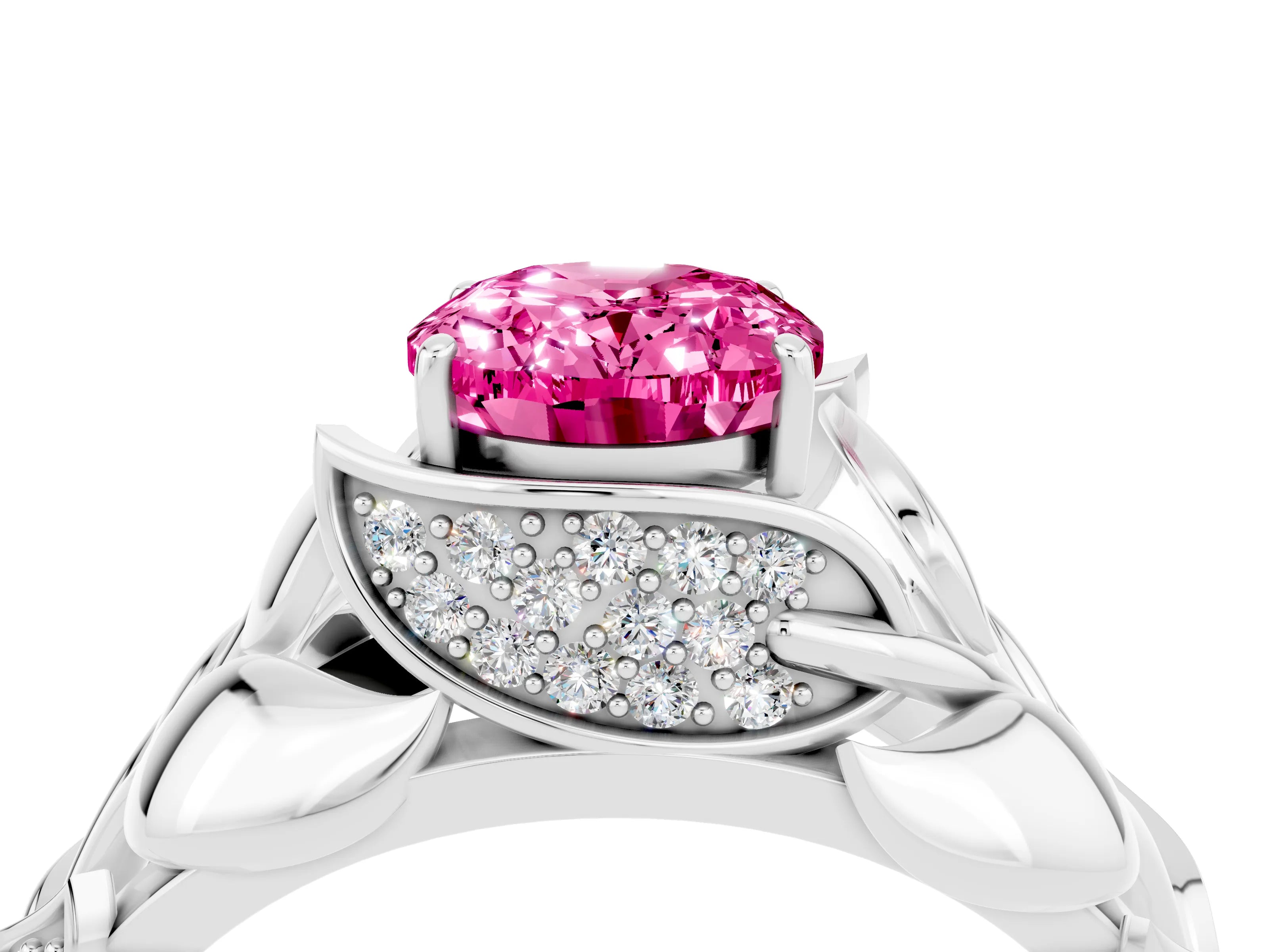 White gold Oval Cut Solitaire Leaf-Inspired Engagement Ring with Prong Setting_4