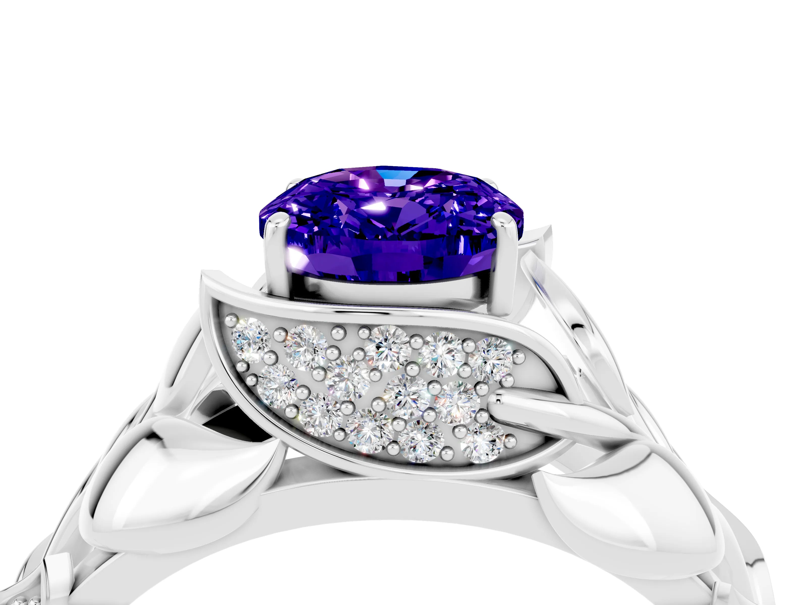 White gold Oval Cut Solitaire Leaf-Inspired Engagement Ring with Prong Setting_4