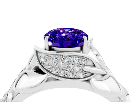 White gold Oval Cut Solitaire Leaf-Inspired Engagement Ring with Prong Setting_4