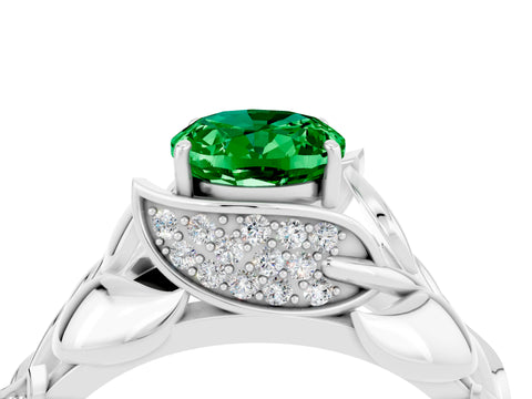 White gold Oval Cut Solitaire Leaf-Inspired Engagement Ring with Prong Setting_4