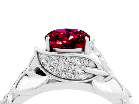 White gold Oval Cut Solitaire Leaf-Inspired Engagement Ring with Prong Setting_4