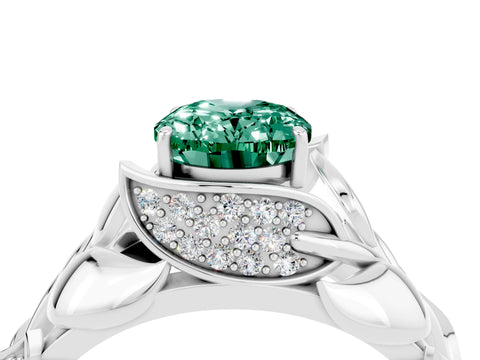 White gold Oval Cut Solitaire Leaf-Inspired Engagement Ring with Prong Setting_4
