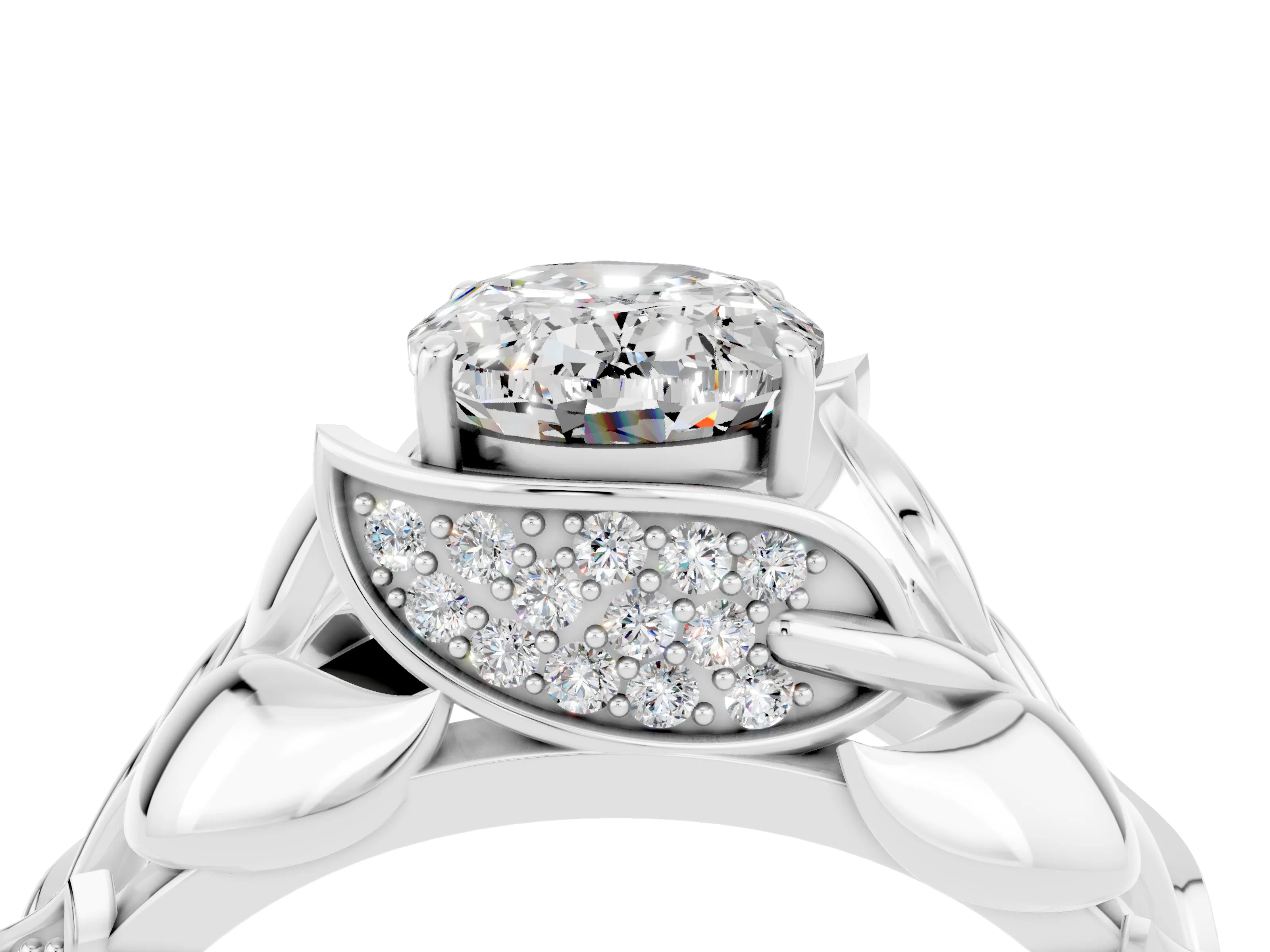 White gold Oval Cut Solitaire Leaf-Inspired Engagement Ring with Prong Setting_4