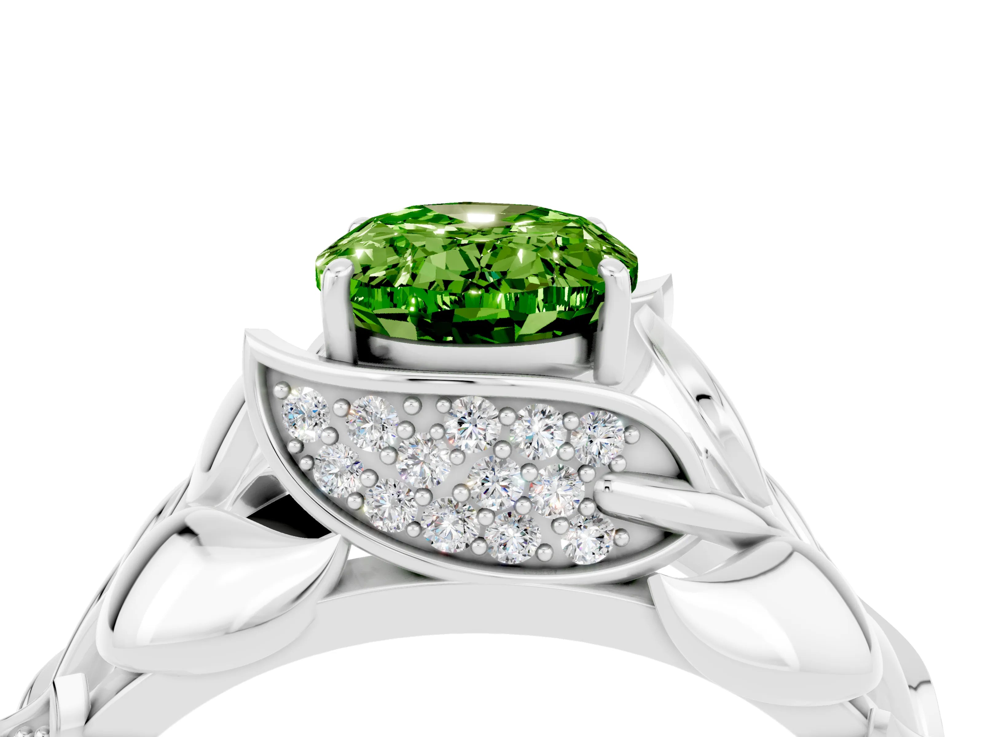 White gold Oval Cut Solitaire Leaf-Inspired Engagement Ring with Prong Setting_4