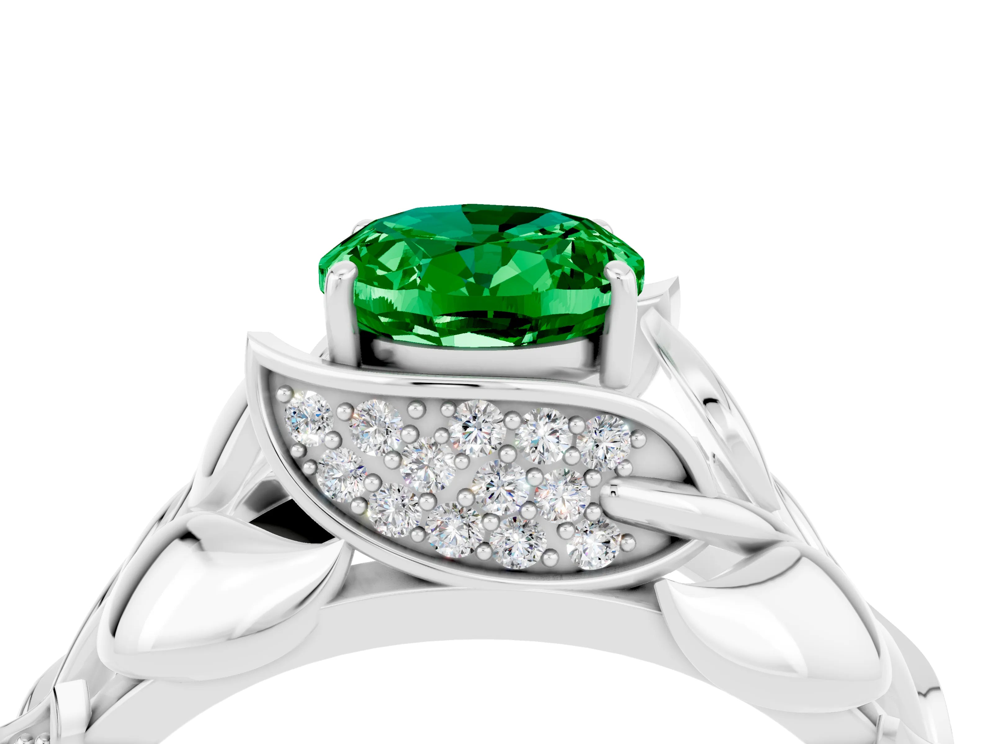 White gold Oval Cut Solitaire Leaf-Inspired Engagement Ring with Prong Setting_4