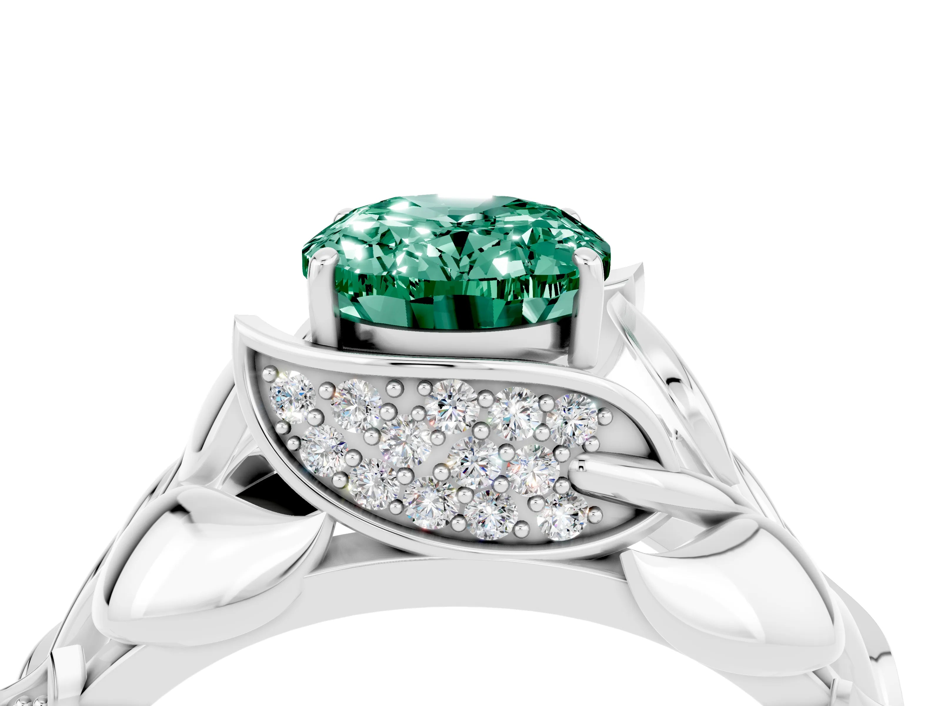 White gold Oval Cut Solitaire Leaf-Inspired Engagement Ring with Prong Setting_4