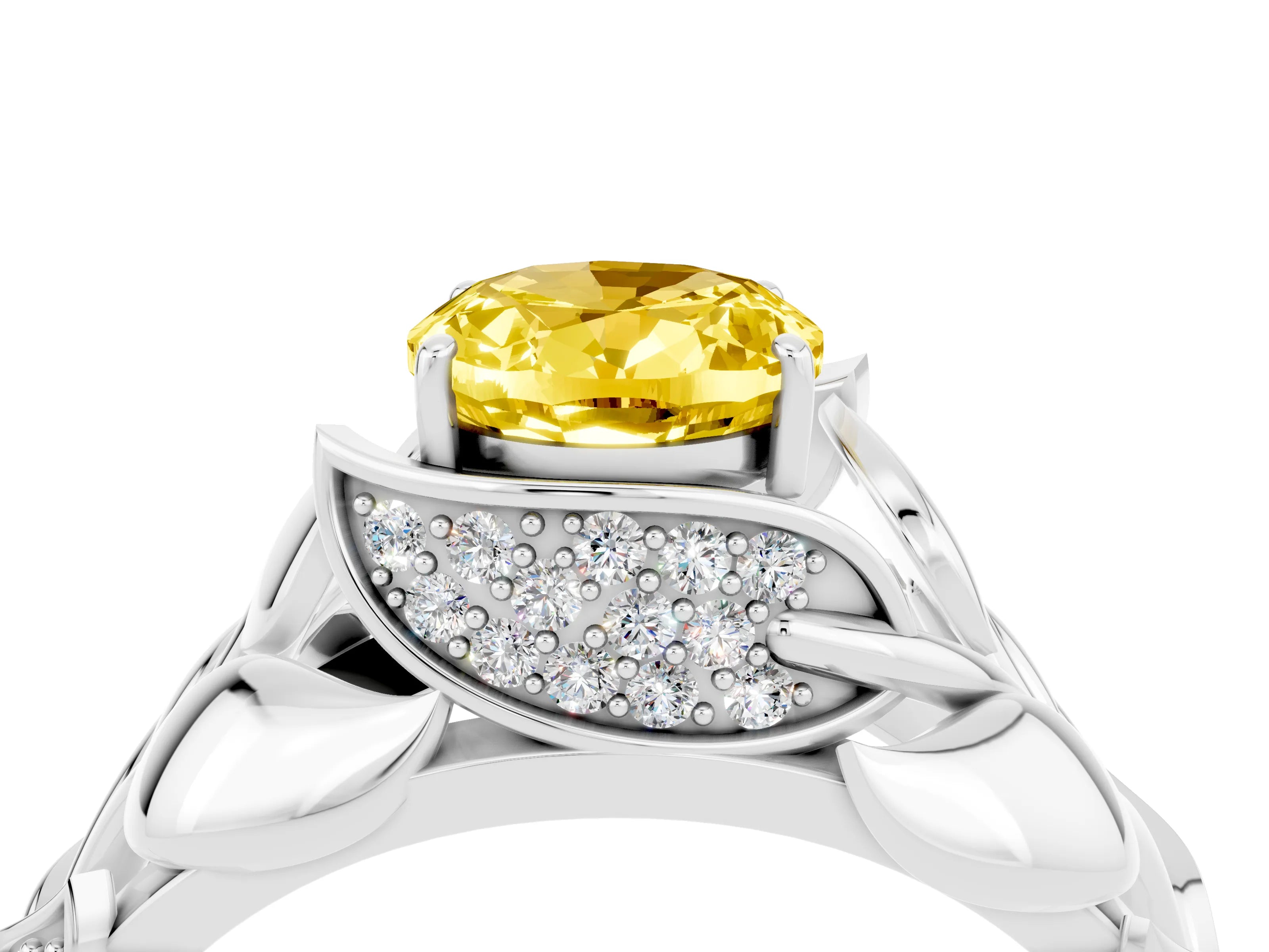 White gold Oval Cut Solitaire Leaf-Inspired Engagement Ring with Prong Setting_4