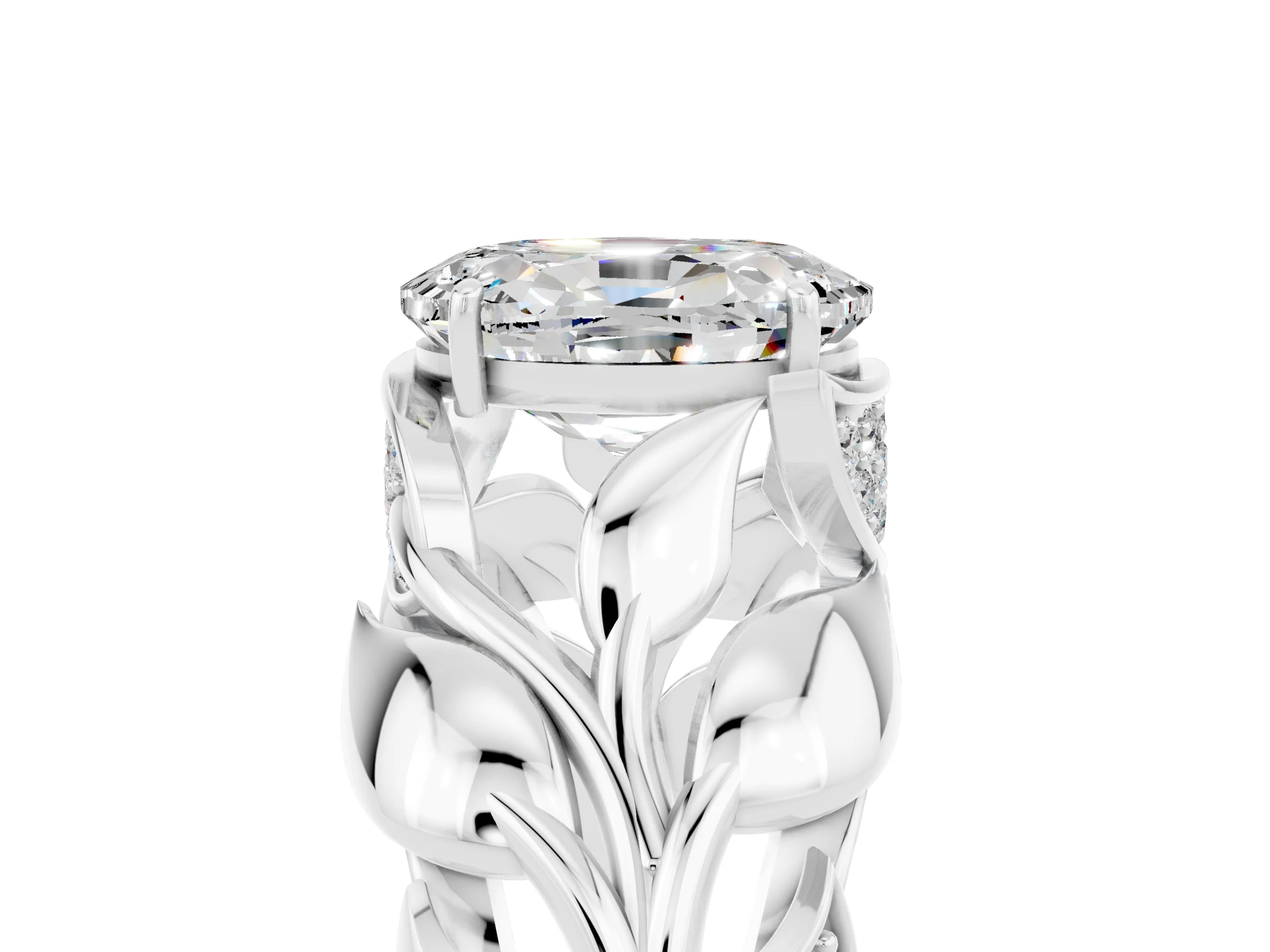 White gold Oval Cut Solitaire Leaf-Inspired Engagement Ring with Prong Setting_5