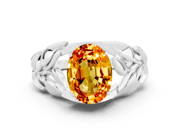 Silver Oval Cut Citrine Leaf-Inspired Engagement Ring with Round Accents and Prong Setting