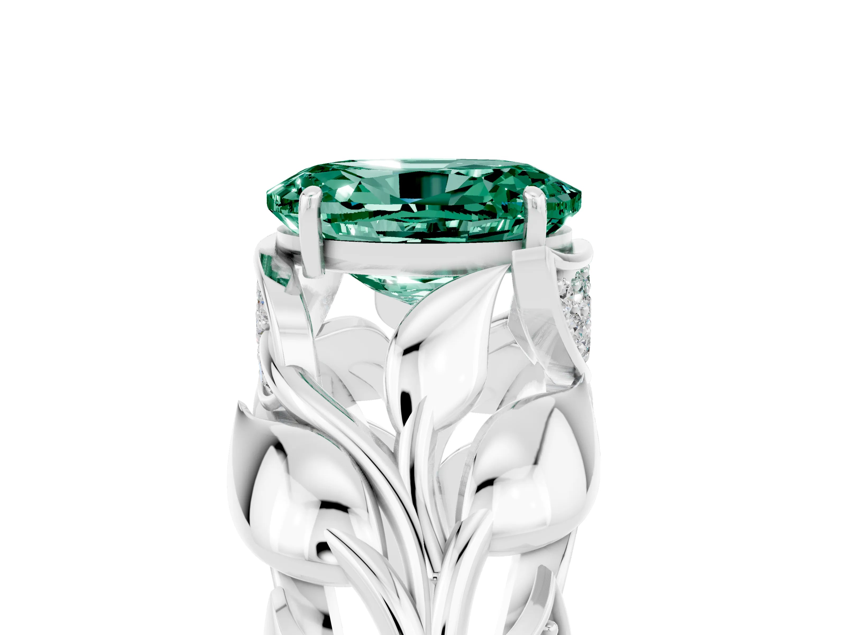 White gold Oval Cut Solitaire Leaf-Inspired Engagement Ring with Prong Setting_5